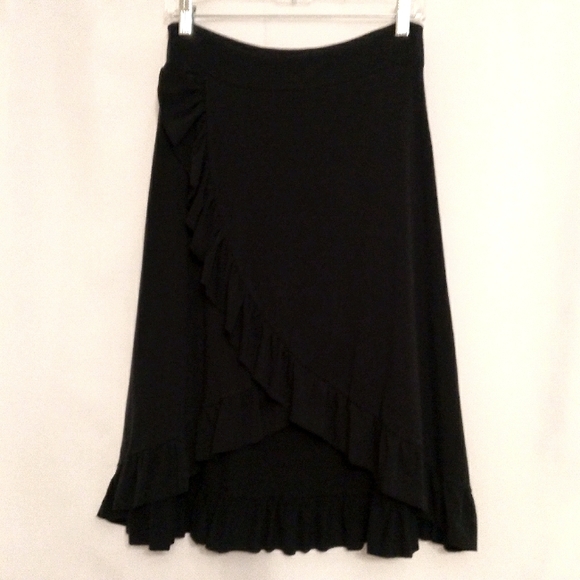 🎁 Free People, Vintage, Hi-Lo, Bohemian, Ruffled, Faux Wrap Skirt in Deep Black - Picture 1 of 12